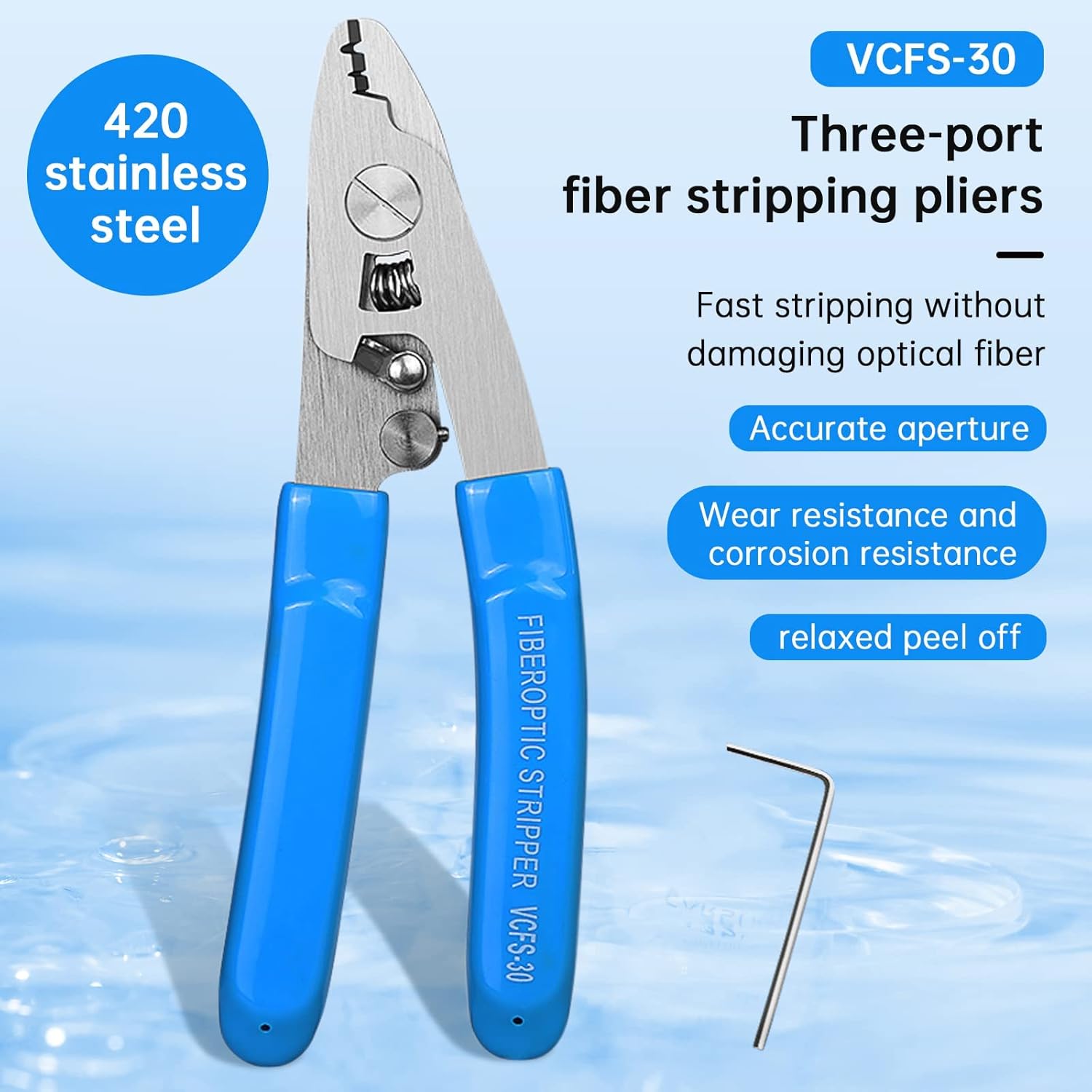 Fiber Optic Stripper 3 Port Hole Fiber Optic Stripping Tool with 6" handle - Hex Key Adjustable For Jacket, Buffer, and 125μm-250μm Coating Stripping