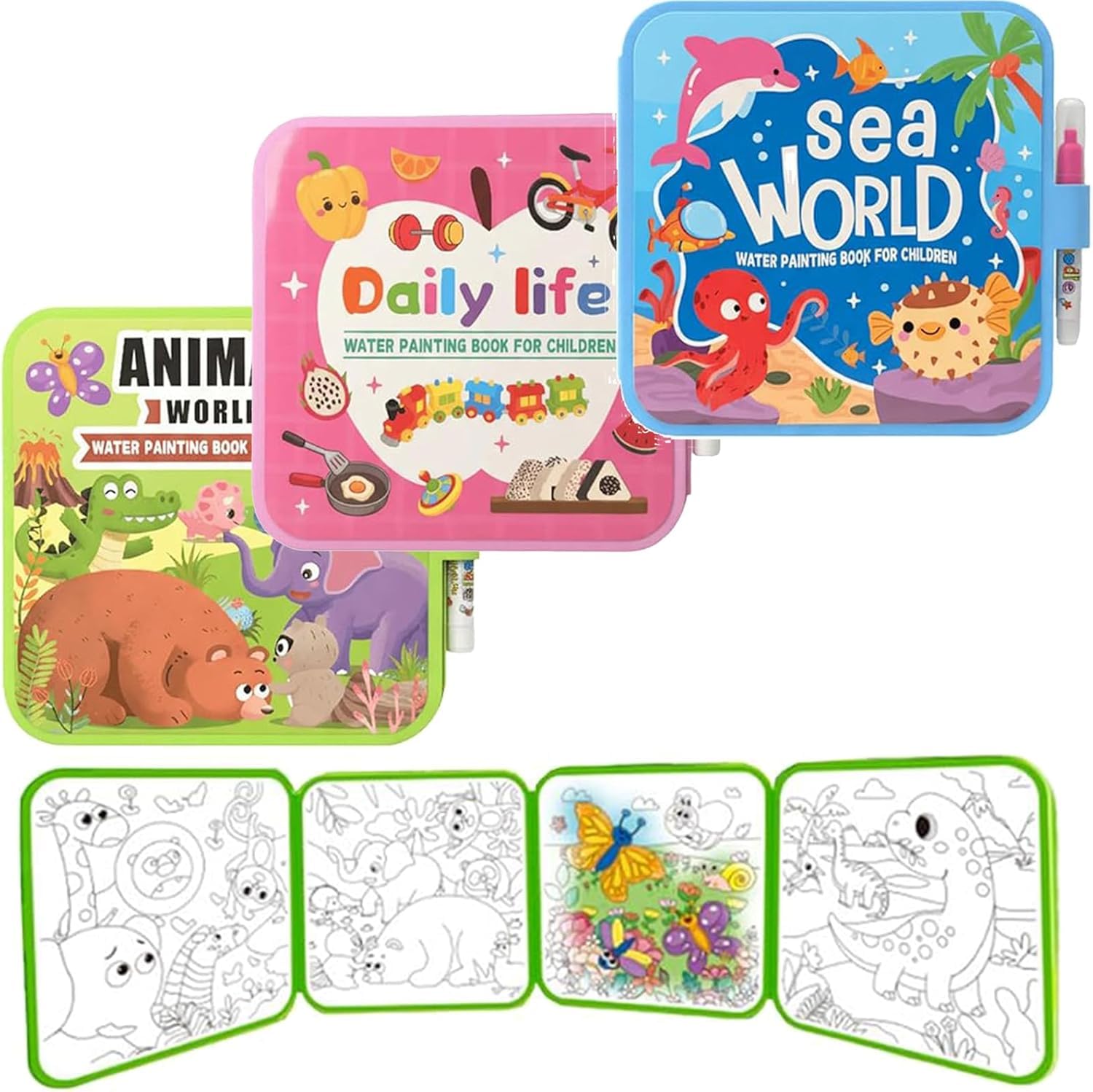 Water Painting Book for Kids, Magic Reveal Montessori Mess Free Water Colouring Book with Pen,Reusable No Mess Doodle Book for Toddlers,Just Add Water to Reveal Vibrant Color (3 Pack)