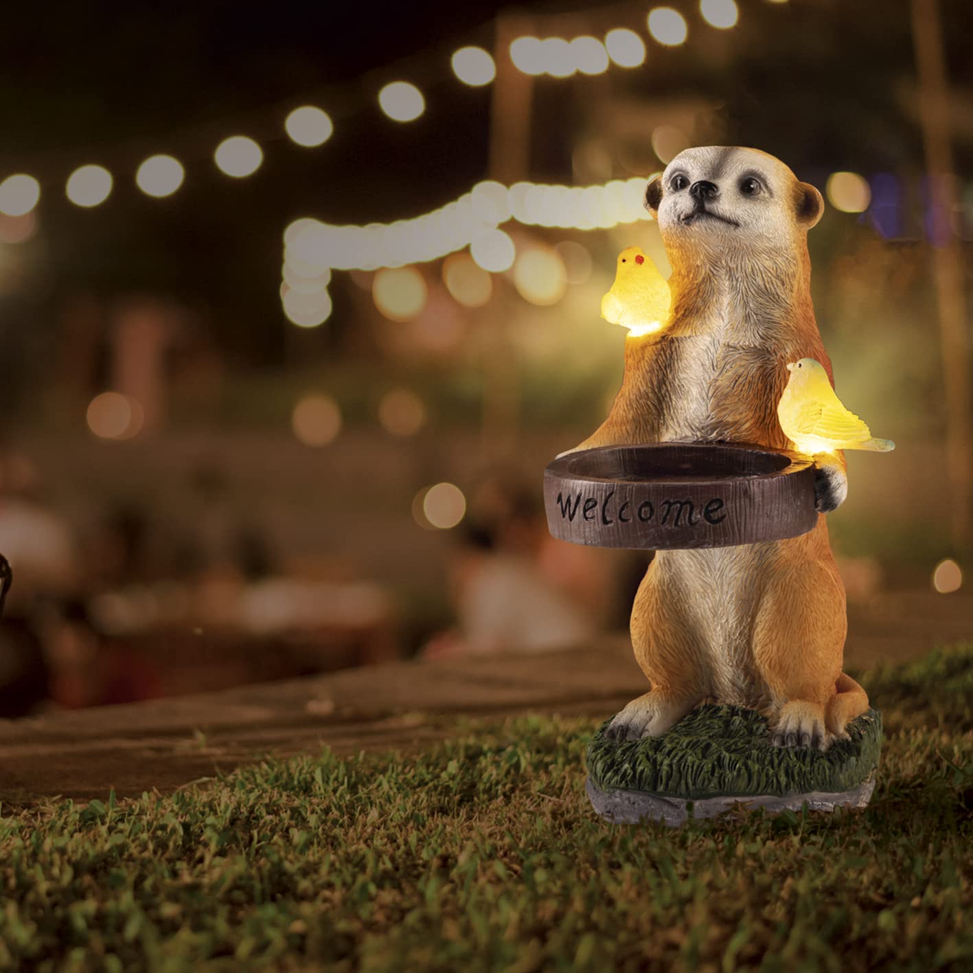 EASYmaxx Solaire Del Suricate avec Bain pour Oiseaux | sans Fil avec capteur Automatique de lumière | Fidèle aux détails | Décoratif pour Jardin, Balcon, terrasse | Durée d'éclairage de 8 Heures
