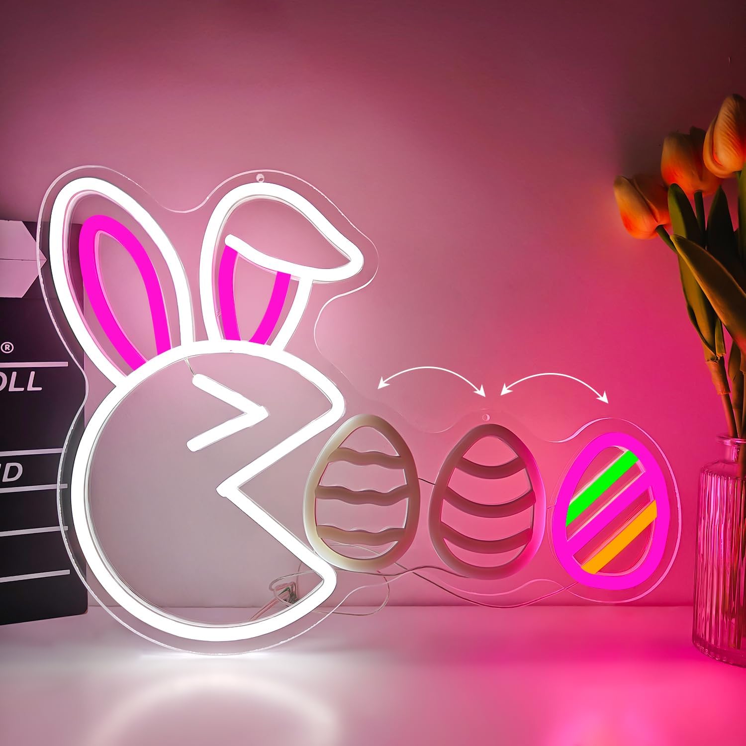 Easter Neon Sign for Wall Decor Bunny Led Sign Cute Rabbit Neon Light Easter Decorations Dimmable Funny Egg Light Up Sign for Window Spring Bar Living Room Home Holiday Bedroom Party Gifts