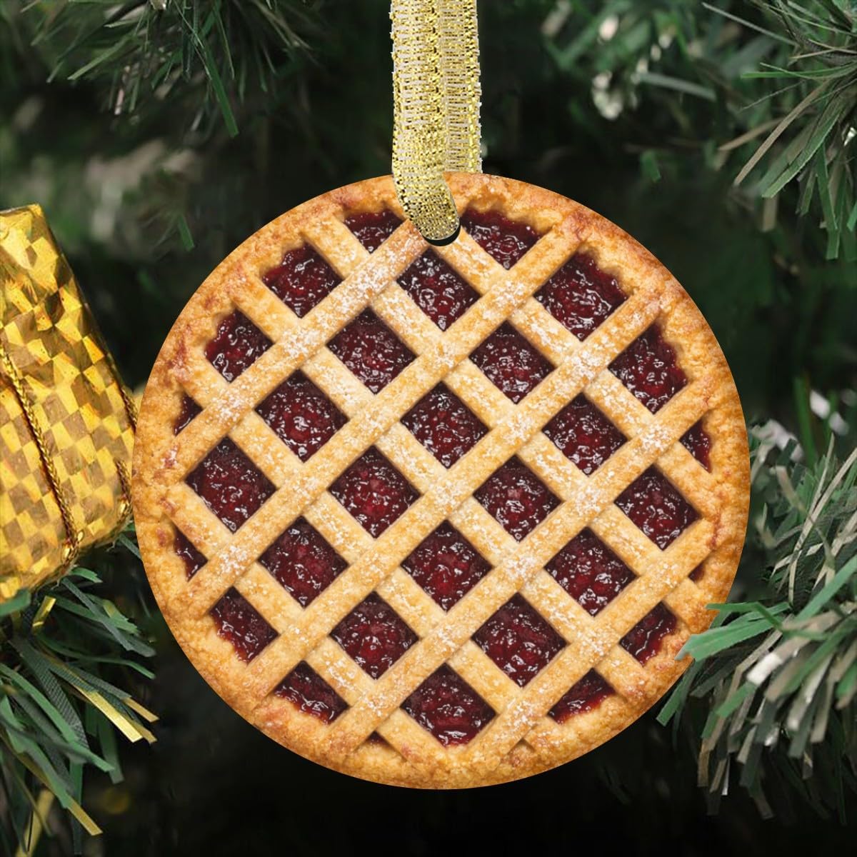 Linzer Torte Austrian Lattice Jam Tart Pie Linz Austria Vienna Dessert Personalized Food Flat Printed Image on Ceramic Ornament – NOT 3D, Custom Text Back, Christmas Ornament