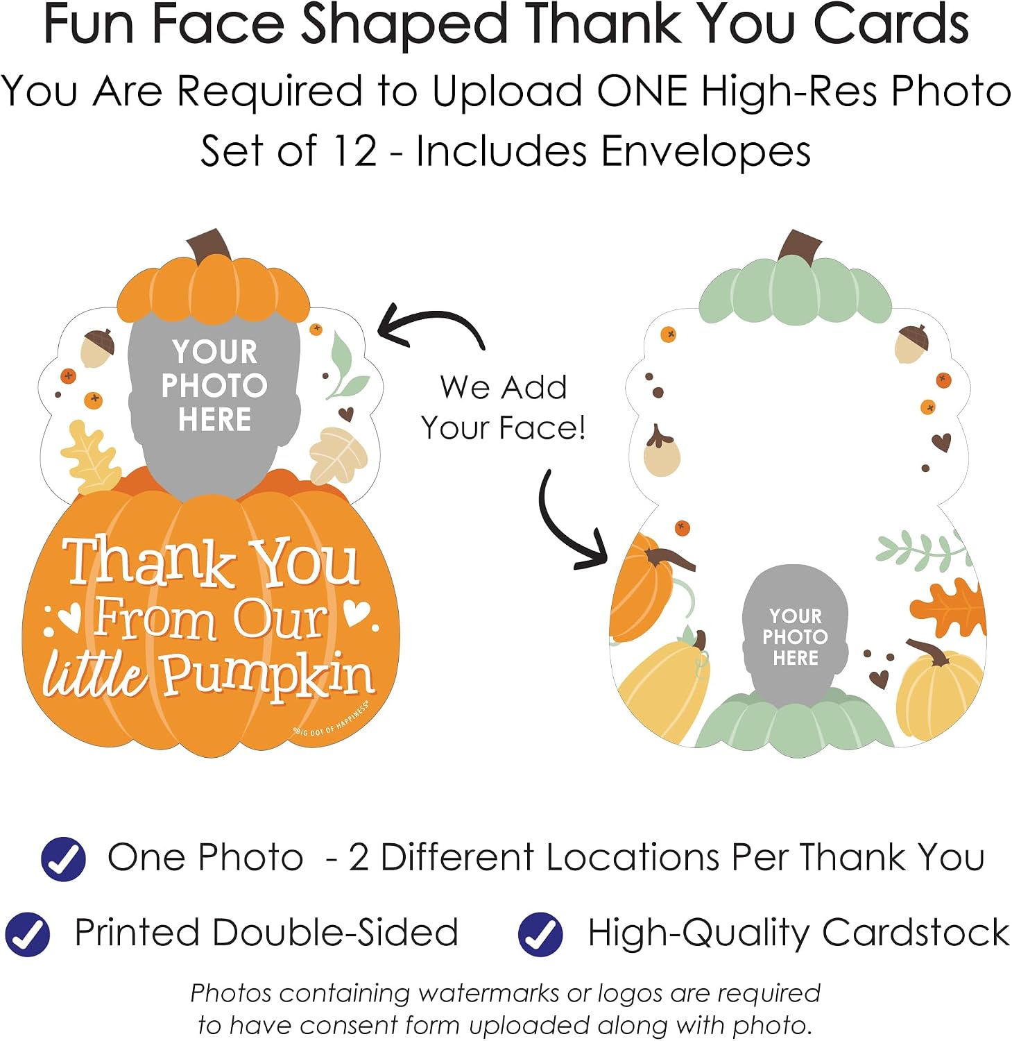 Big Dot of Happiness Custom Photo Little Pumpkin - Fall Birthday Party Fun Face Shaped Thank You Cards with Envelopes - Set of 12