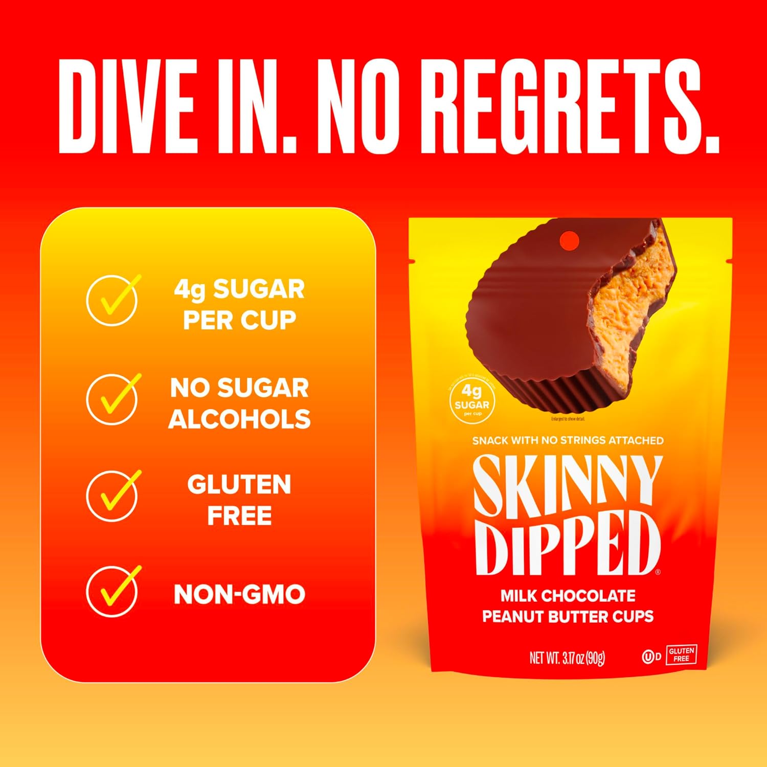 SkinnyDipped Milk Chocolate Peanut Butter Cups, 4g Sugar, Low Sugar, Low Carb, Gluten Free, 3.2oz Bag, 4 Pack (24 Cups Total)