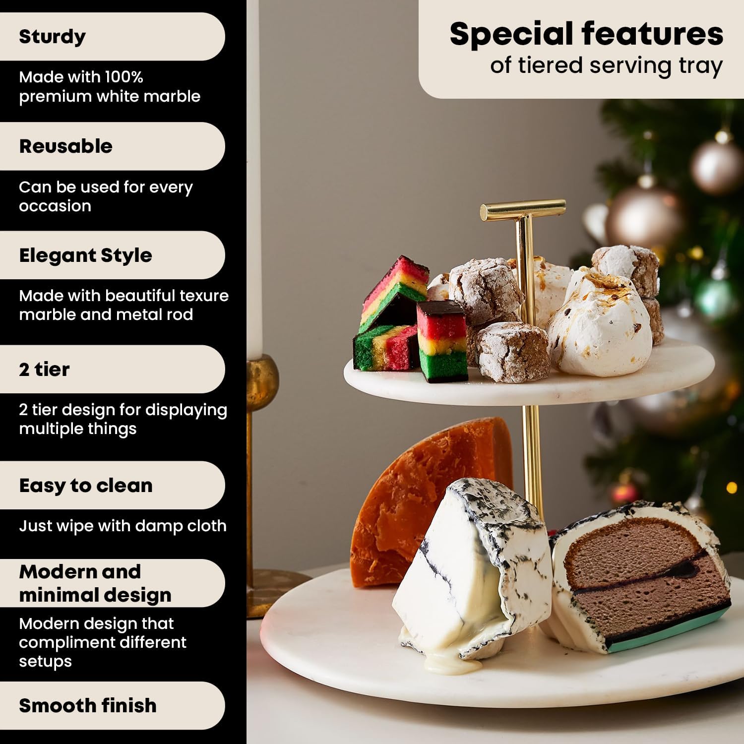 Supabon 2 Tiered White Marble Tray with Gold Metal Stand - Serving Tray for Desserts, Pastries, Cupcakes, Countertop Decor Display Stand, Detachable White Marble Plates with Gold Metal Handle