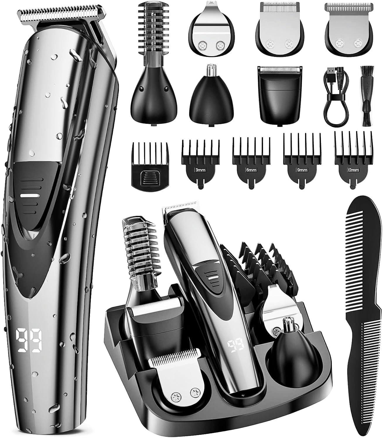 Electric beard trimmer 16-in-1 grooming kit with precision blades