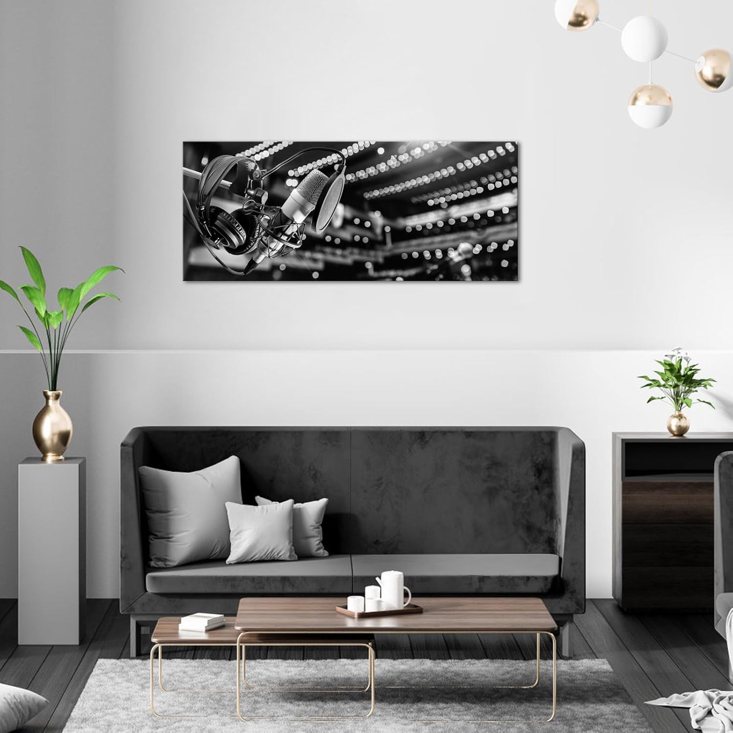 OuElegent Music Canvas Wall Art Black and White Microphone Concert Hall Picture Print Artwork for Home Music Room Wall Decor Framed
