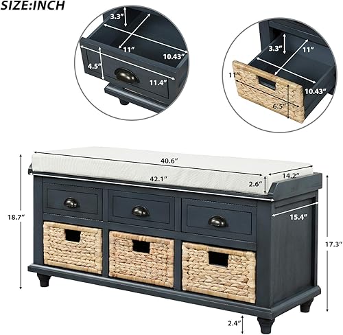 Miniatura 2 de Harper & Bright Designs TREXM - Banco de almacenamiento rústico con 3 cajones y 3 cestas de ratán, banco de zapatos para sala de estar, entrada