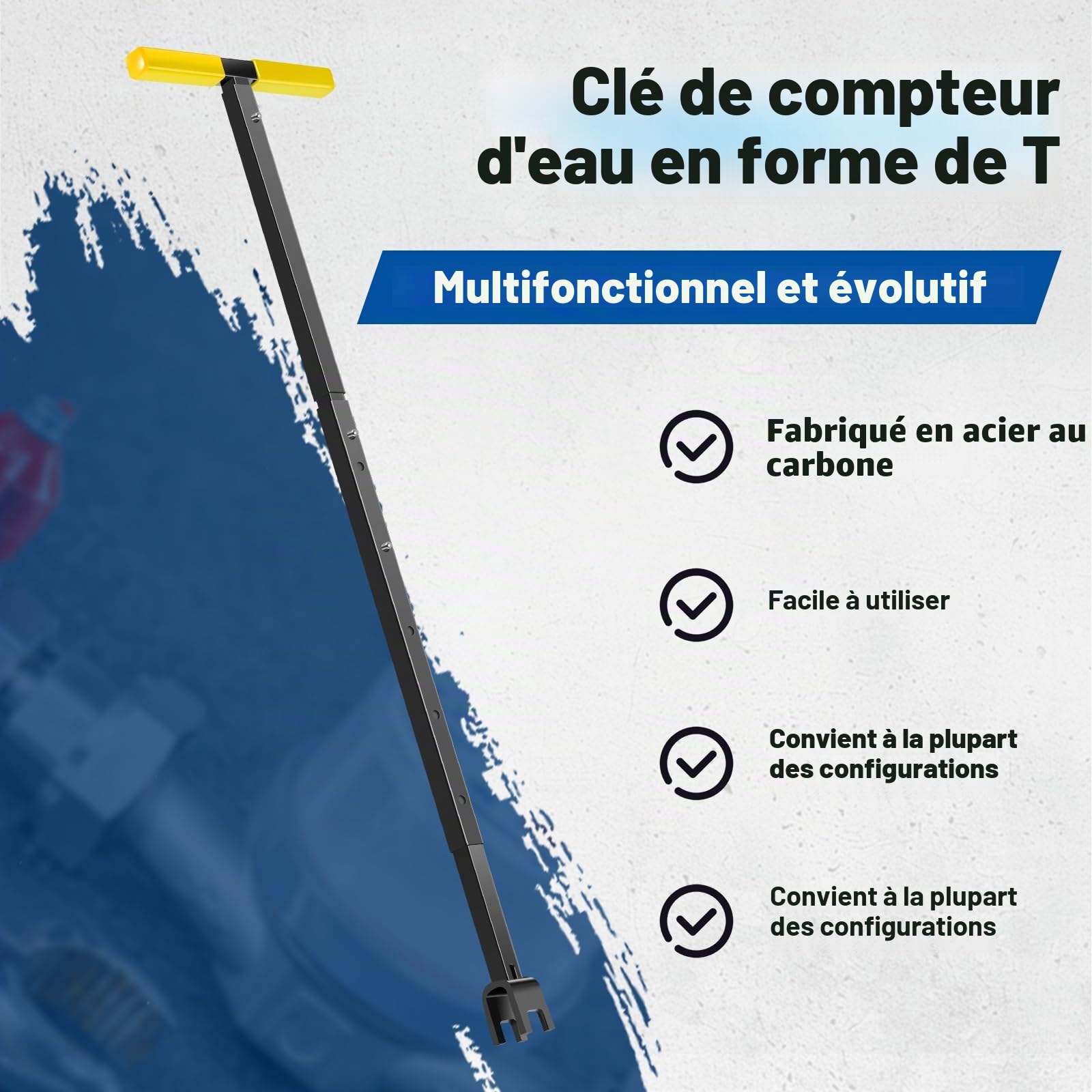 Clé de compteur d'eau avec outil 4 voies en acier au carbone en forme de T - 43 à 94 cm - Longueur réglable - Clé universelle pour l'entretien des conduites d'eau et des vannes - Jaune