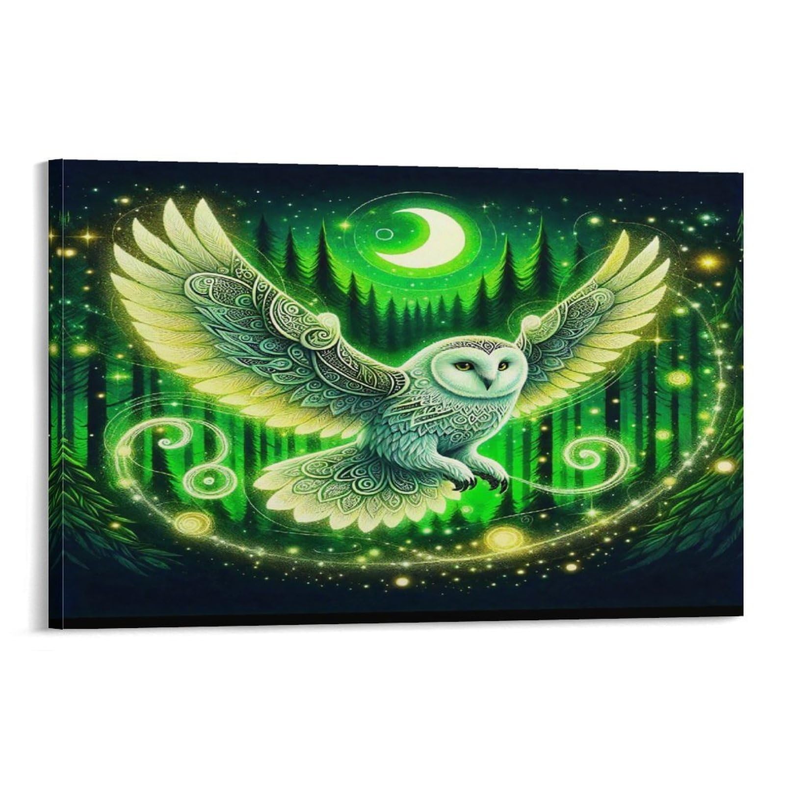 Snowy Owl Perched on Branch with Lanterns Single Piece Green Magic Owl Spread Wings Forest Night Canvas Wall Hanging - Kitchen Removable Wall Art Focal Point Ready to Hang 20x30inch(50x75cm)