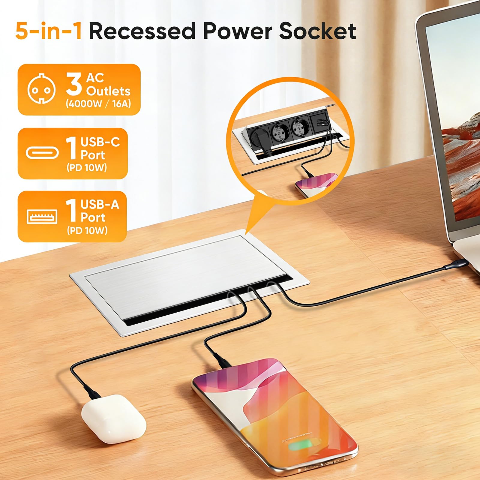 Tira de alimentación retráctil 5 en 1 con 3 compartimentos, 1 USB-C y 1 USB-A PD de 10 W, conector de aluminio integrado para mesa, zócalo retráctil, enchufe de mesa con cable de 1,8 m para cocina