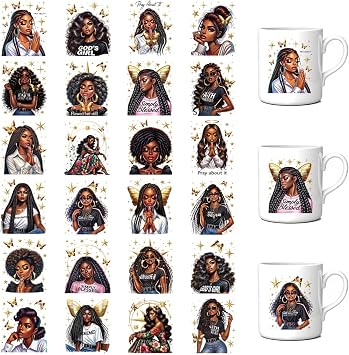 UV DTF Cup Wrap Transfer - 24 Pcs Black Girls UV DTF Cup Wrap for 16 oz Glass, Water Bottles Coffee Mugs Glass Cups Transfers, Fashionable Black Women Uvdtf Decals Crafts Stickers