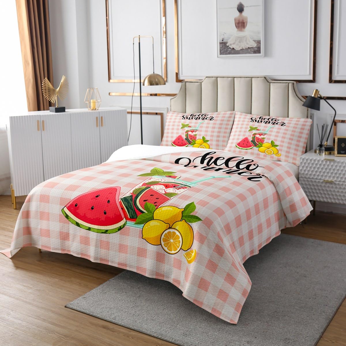 Watermelon and Lemon Bedspread Set Queen Size for Kids,Boys Girls Pink Grid Quilt Set Summer Cool Bedspread Coverlet Cartoon Fruit Bedspread 3 Piece Decorative Bedding Quilted with 2 Pillow Shams
