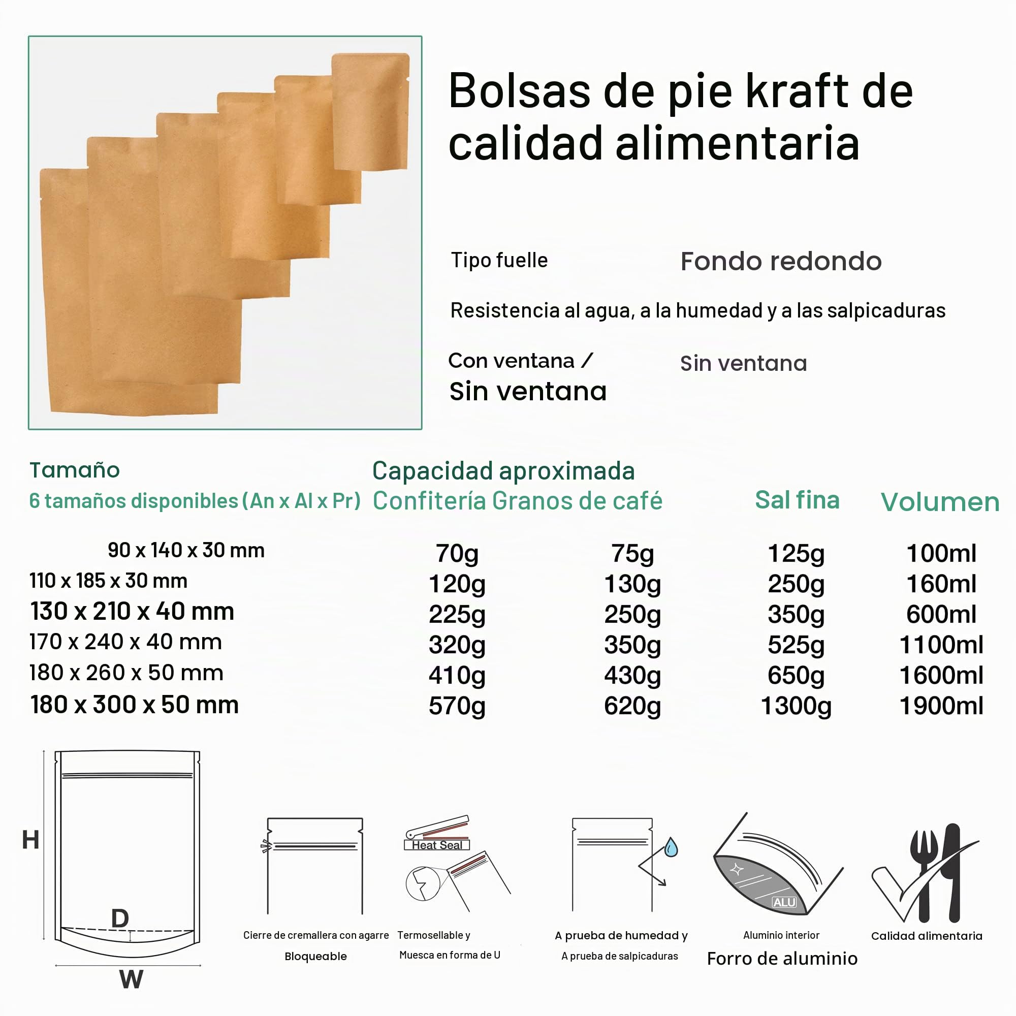 Evergreen Goods Bolsas Reutilizables de Kraft Marrón Grado Alimenticio (180 x 300 x 50 mm) Forradas de Papel, Bolsas con Cremallera | Bolsas de Embalaje para Café en Grano y Aperitivos | 100 Bolsas