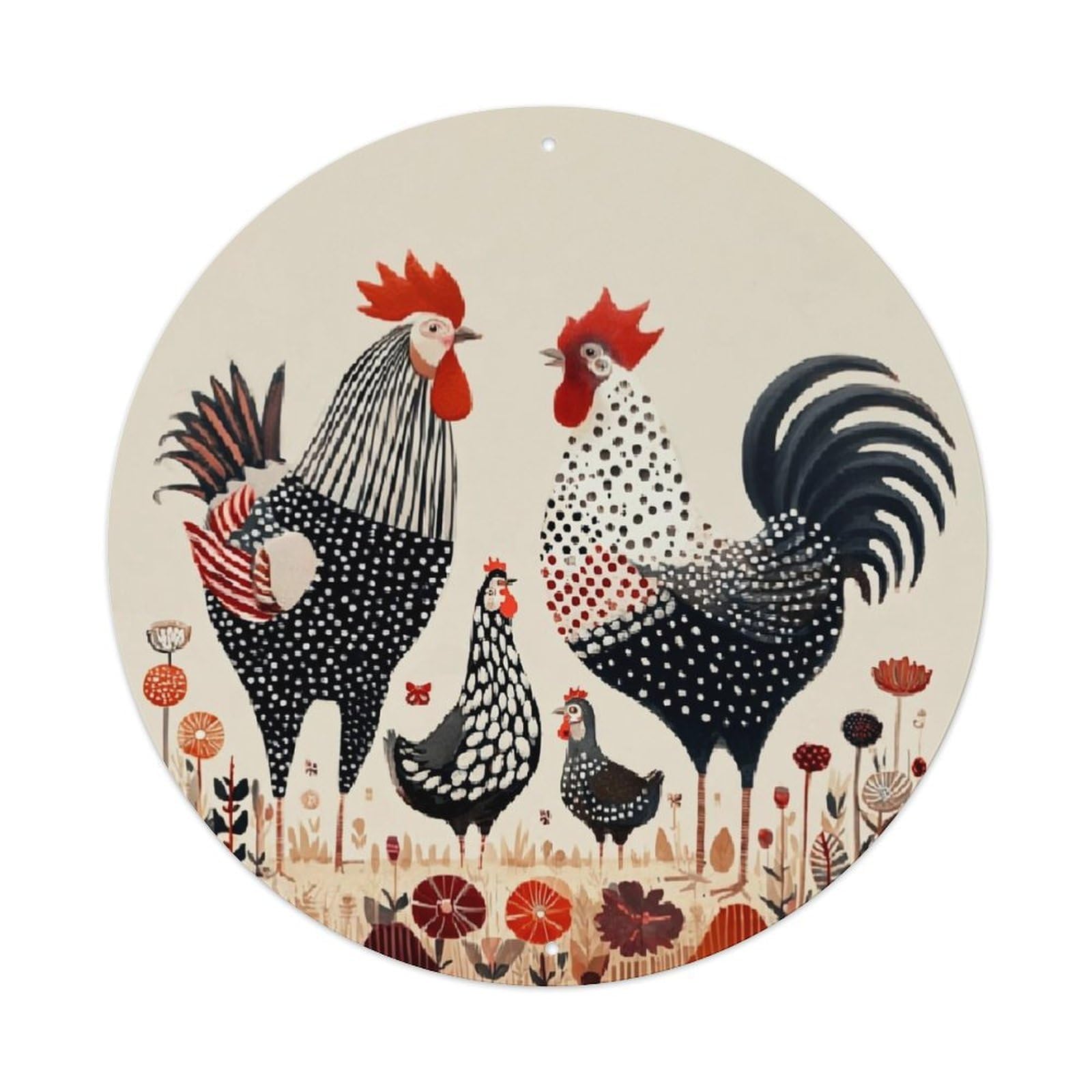 Chicken Rooster Floral Pattern Print Retro Metal Sign Round Tin Sign, Vintage Decor Art Poster for Bar, Home, Man Cave, Kitchen, Laundry Room Gift 8x8Inch