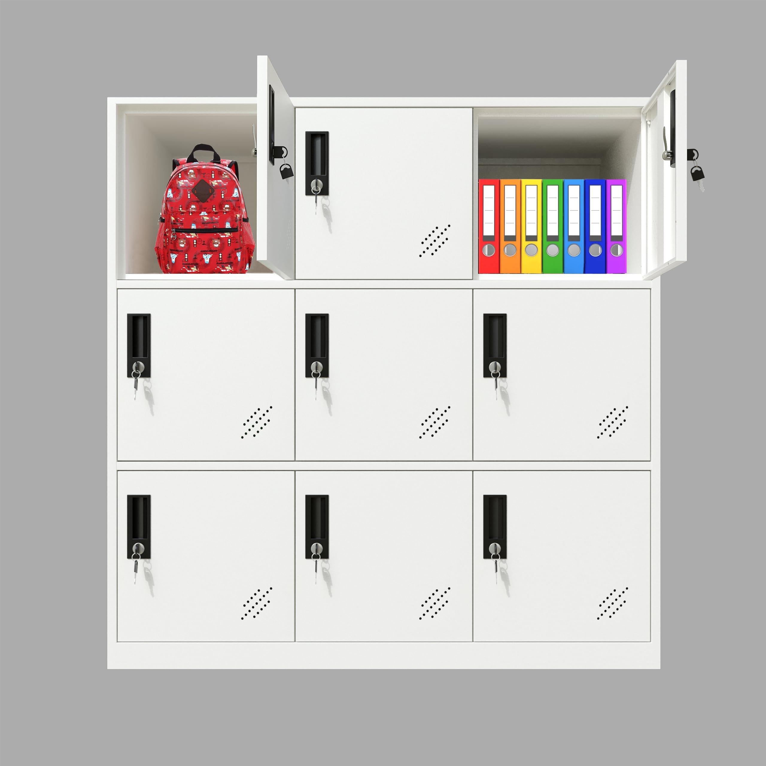 MECOLOR Armadietto in metallo per ufficio, armadietto per dipendenti, armadietti da palestra, armadietto in acciaio con serratura per camera da letto (9D, bianco completo)