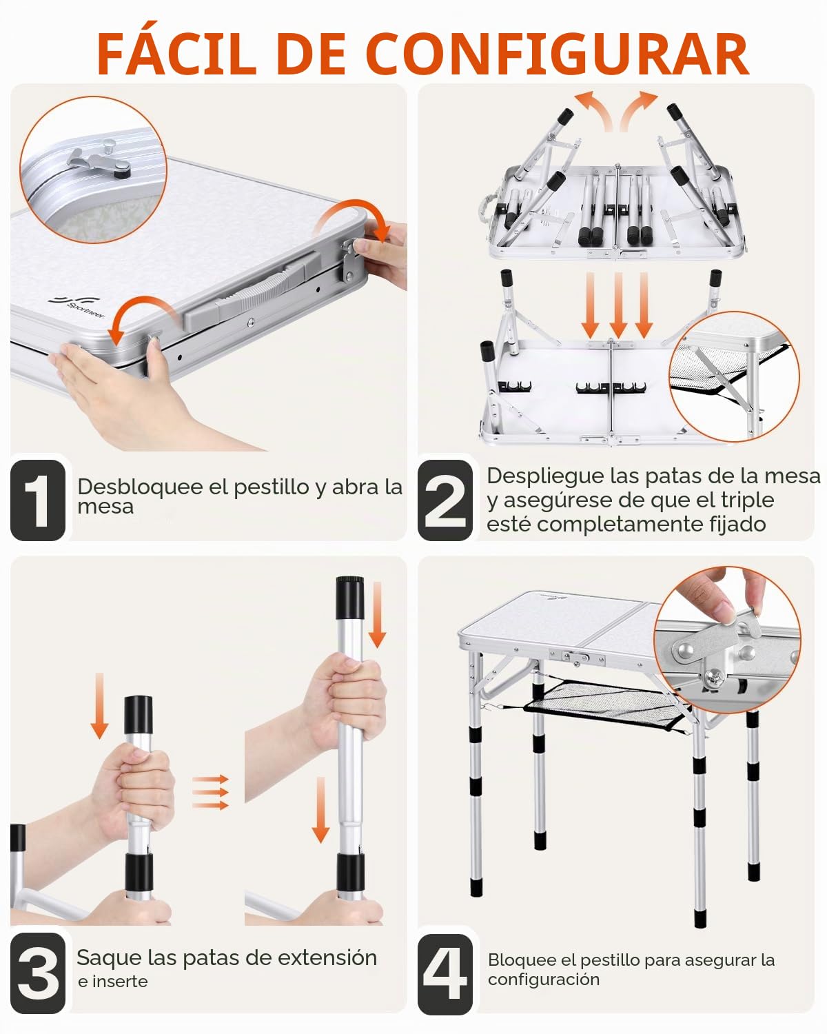 Sportneer Mesa Plegable Camping 60x40 cm, Mesa de Camping Plegable con Capa de Malla, 4 Alturas Ajustables, Mesa Camping Plegable Portátil con Patas de Aluminio para Picnic, Playa y Aire Libre
