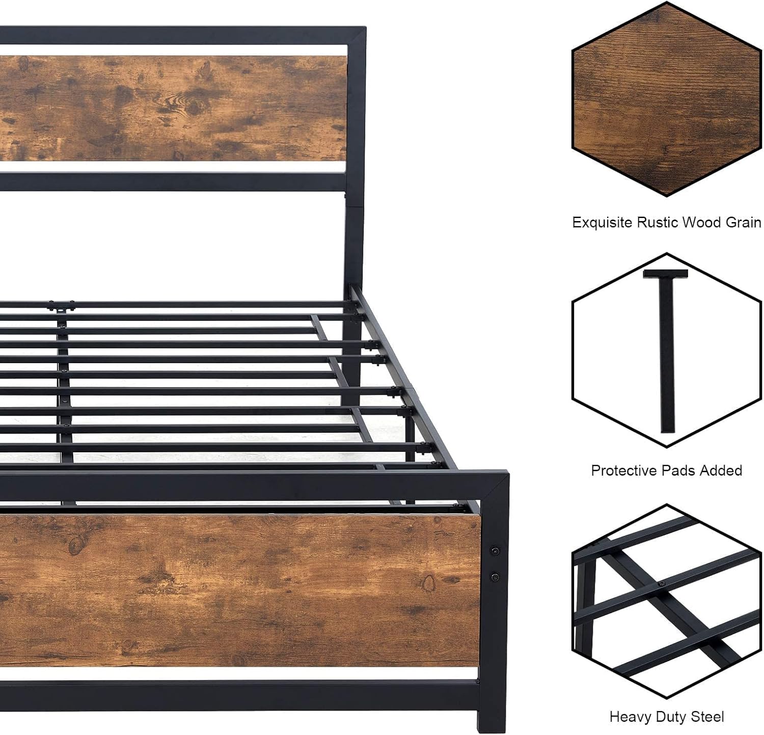 Close-up view of bed frame components including rustic wood panel, metal leg with protective pad, and heavy-duty steel slat structure.