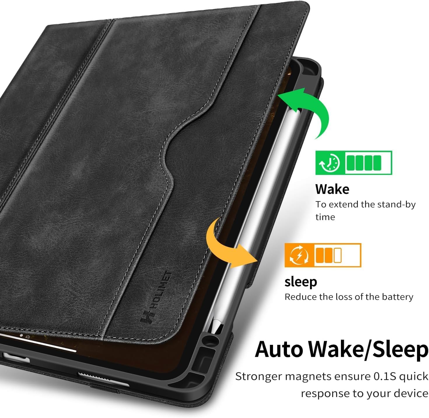H HOLIMET Case for iPad Pro 11 inch M5 2025/M4 2024 with Pencil Holder Supports Pencil Pro and Pencil Auto Sleep/Wake Function Vegan Leather Smart Stand Cover (Black)