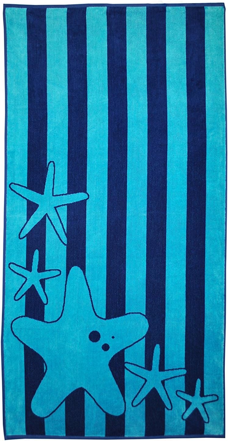 Superior Luxurious 100% Cotton Beach Towels, Oversized 34" x 64", Soft Velour Cotton and Absorbent Cotton Terry, Thick and Plush Striped Beach Towels - Blue