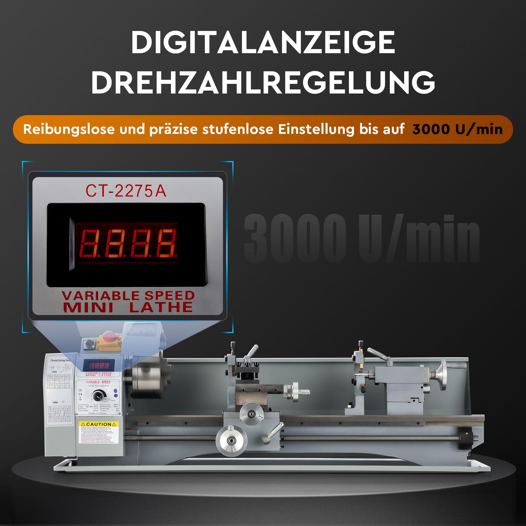 CREWORKS Metalldrehmaschine 1100 W Metalldrehmaschine 220 x 750 MM Drehmaschine Tischdrehmaschine 0-3000 U/min mit 3-Backenfutter für Heimwerker-Holz- und Metallbearbeitung