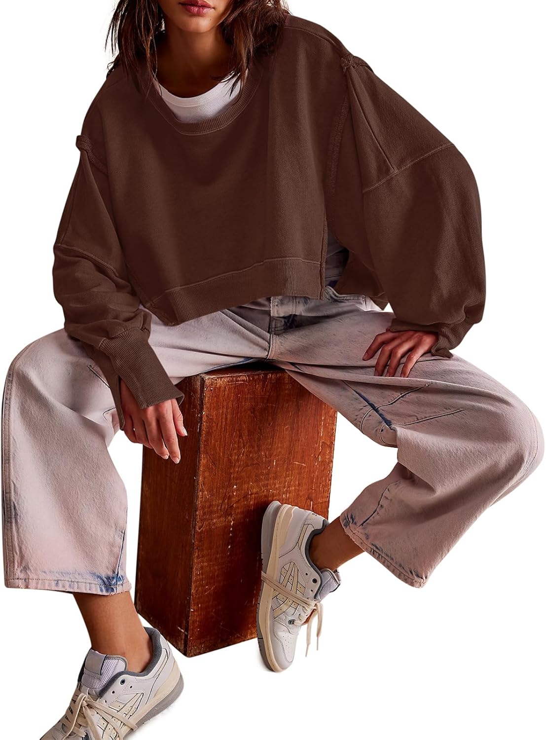 Zwurew Womens Casual Sweatshirt Long Sleeve Tops Crewneck Loose Fit Tee Pullover Crop Tshirt Side Slit Fall Fashion 2024 - Image 5