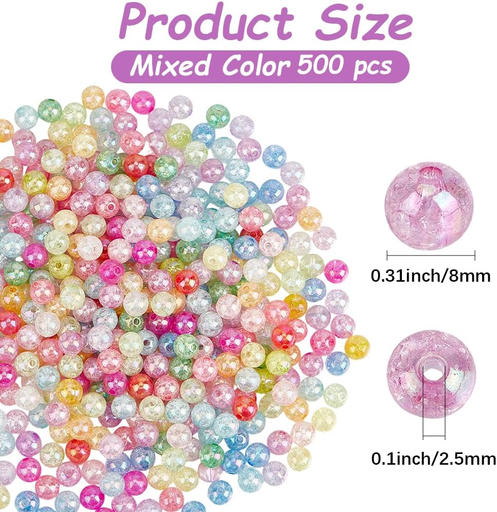 1 Box 500PCS Acrylic Crack Round Beads with Hole Colorful Crackle Transparent Bubblegum Chunky Resin Ball AB Color Plastic Spacer Bead for Jewelry Making Necklace Bracelets Diy Craft Supply - Image 2