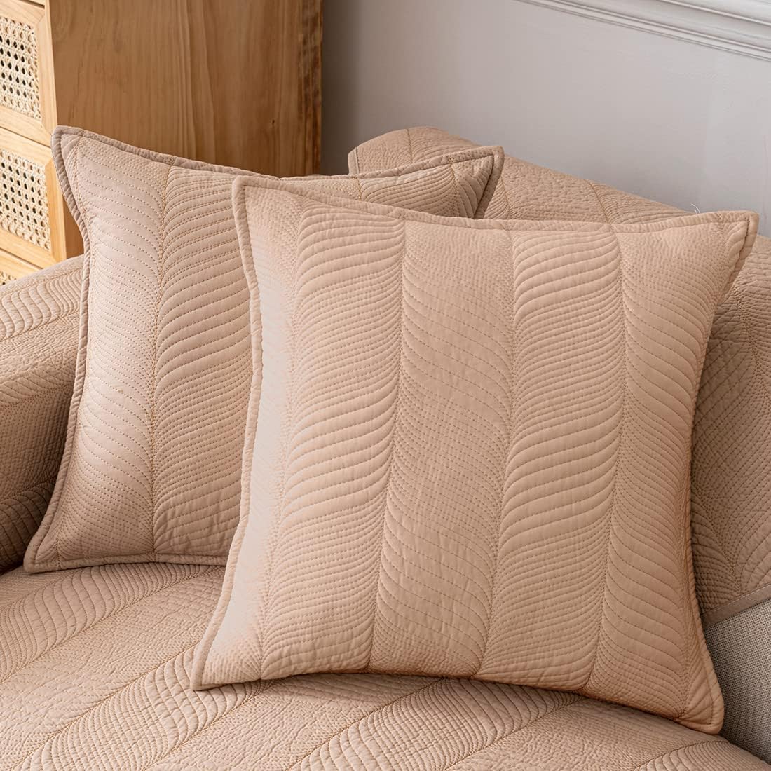 vctops Set of 2 Farmhouse Cotton Quilted Throw Pillow Covers for Couch Bed Sofa Solid Color Super Soft Cushion Covers (Cream,18"x18")