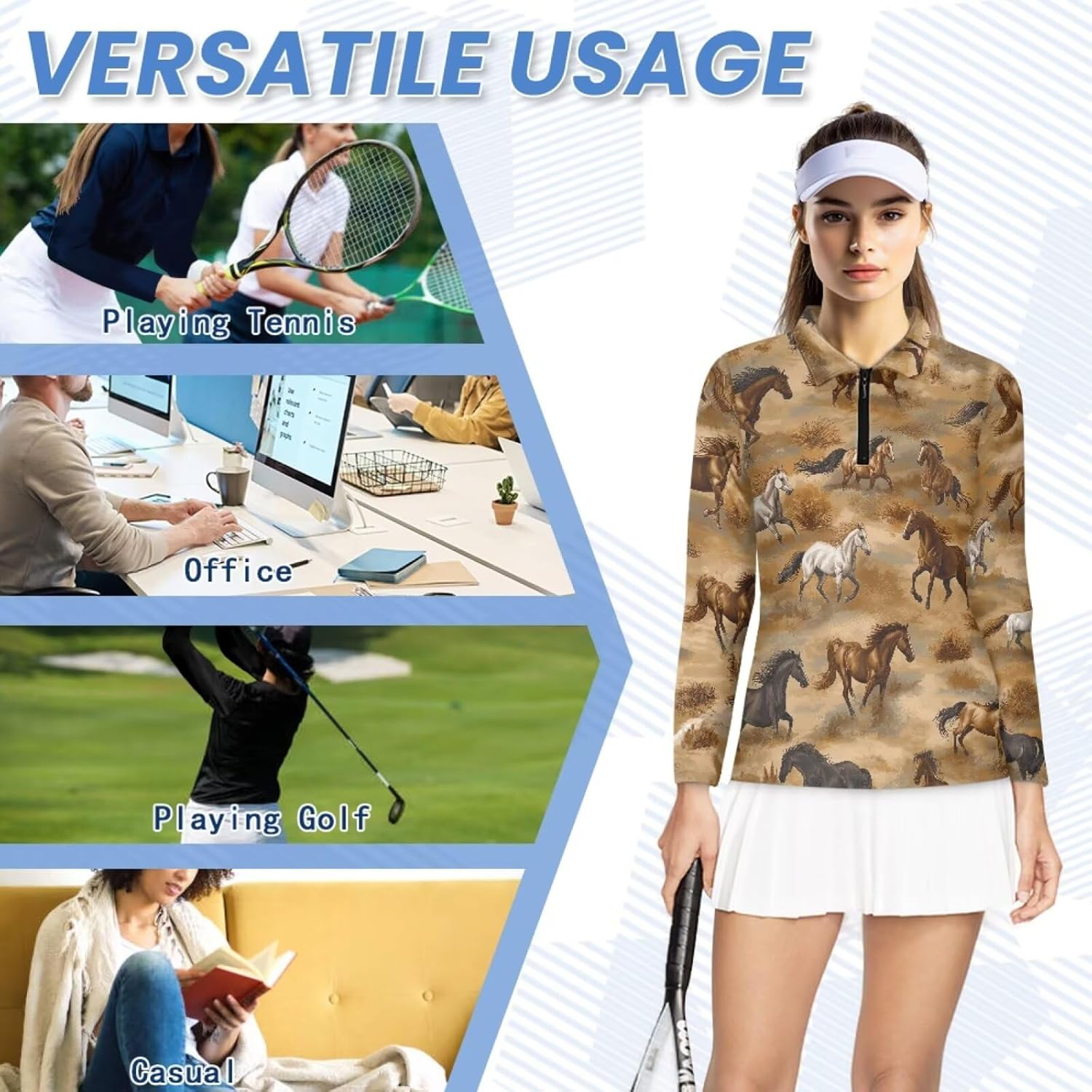 Women Athletic Golf Polo Shirts Long Sleeves V Neck Running Hiking Quick Dry Trendy Pullover Workout Tops XS-2XL