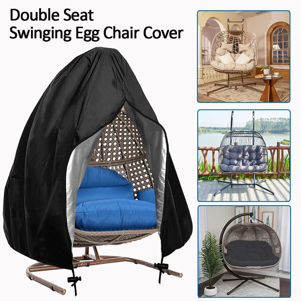 Double Seat Egg Chair Cover Waterproof Patio Wicker Swing Chair Covers with Zipper Outdoor 2 Person Hanging Garden Egg Chair Cover 91" H x 80" D, Black