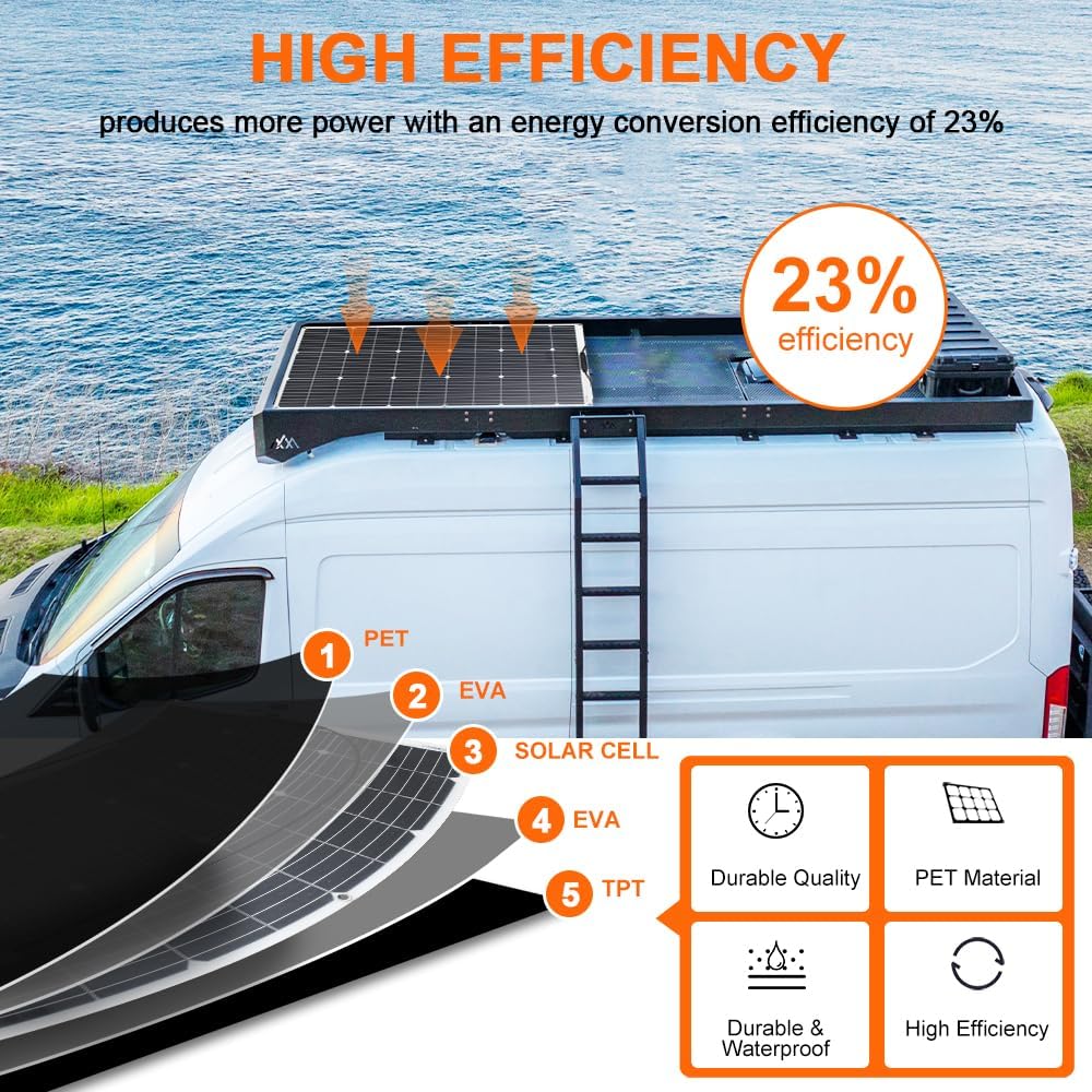 600W 12V Flexible Solar Panels 6x100W High Effiecncy Monocrystalline Solar Module for Marine RV Trailer Boat Cabin Van Car Battery