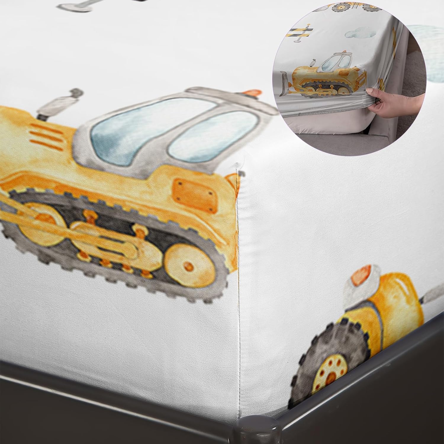 AILONEN Construction Sheet Set Full Size, 4 Piece Watercolor Excavator Bulldozer Bedding Set, Kids Truck Bed Sheets with 2 Pillowcases, Nursery Decor for Boys Toddlers Bedroom