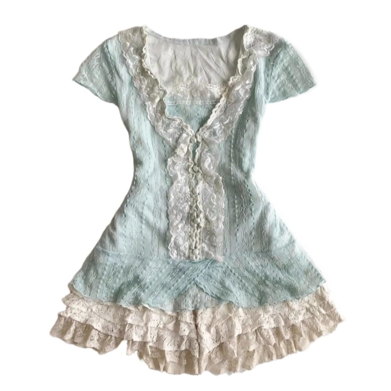 Niuvoo Women's Blue Cutecore Short Sleeve Crop Tank Top With Lace Trim 2000S Fairy Vintage Kawaii Fashion Slim Fit Lolita Clothes(Small)