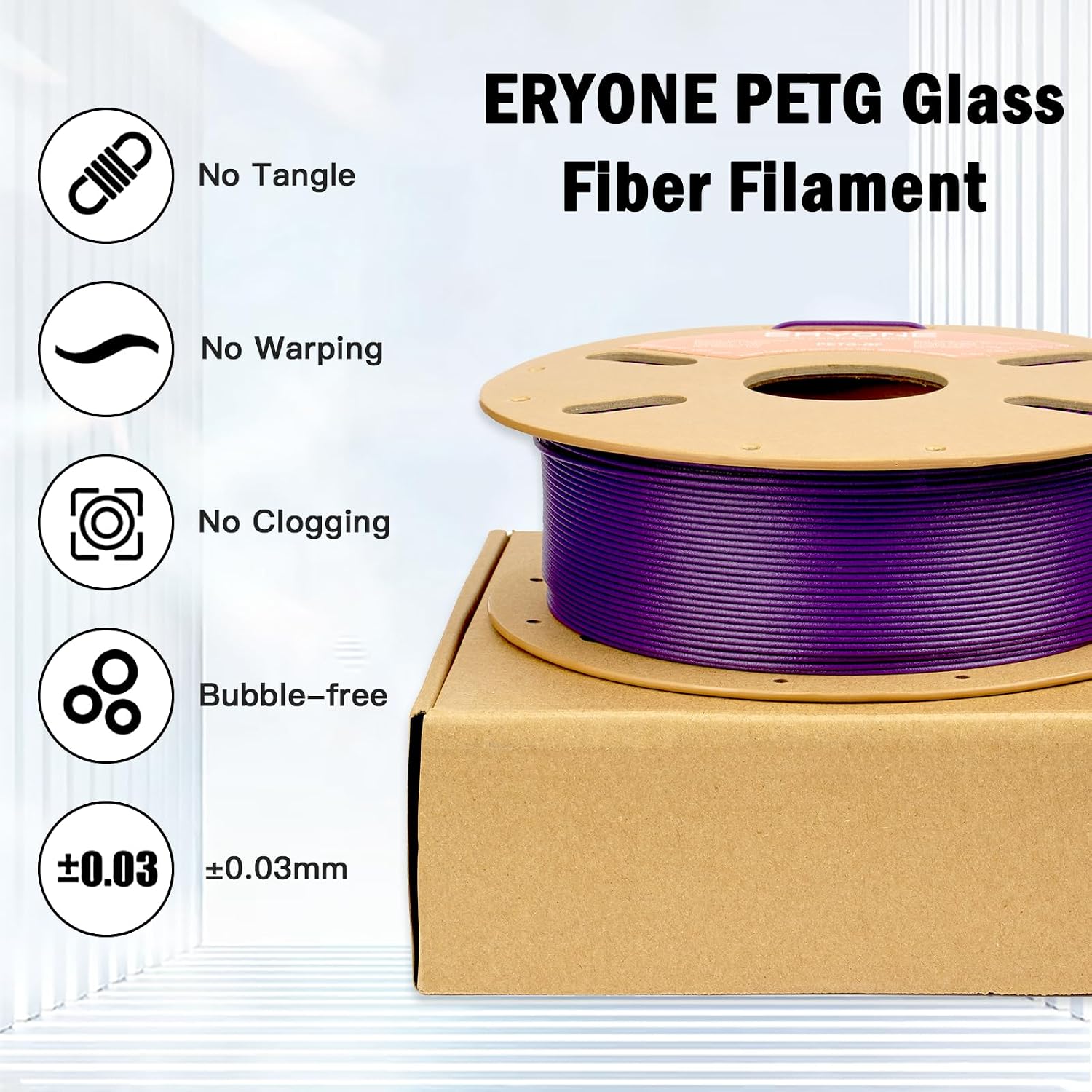 ERYONE Glass Fiber PETG Filament 1.75mm +/- 0.03mm, High Impact Resistance and Stiffness, 3D Printing Filament PETG GF, 1kg (2.2 LBS)/Spool, Purple