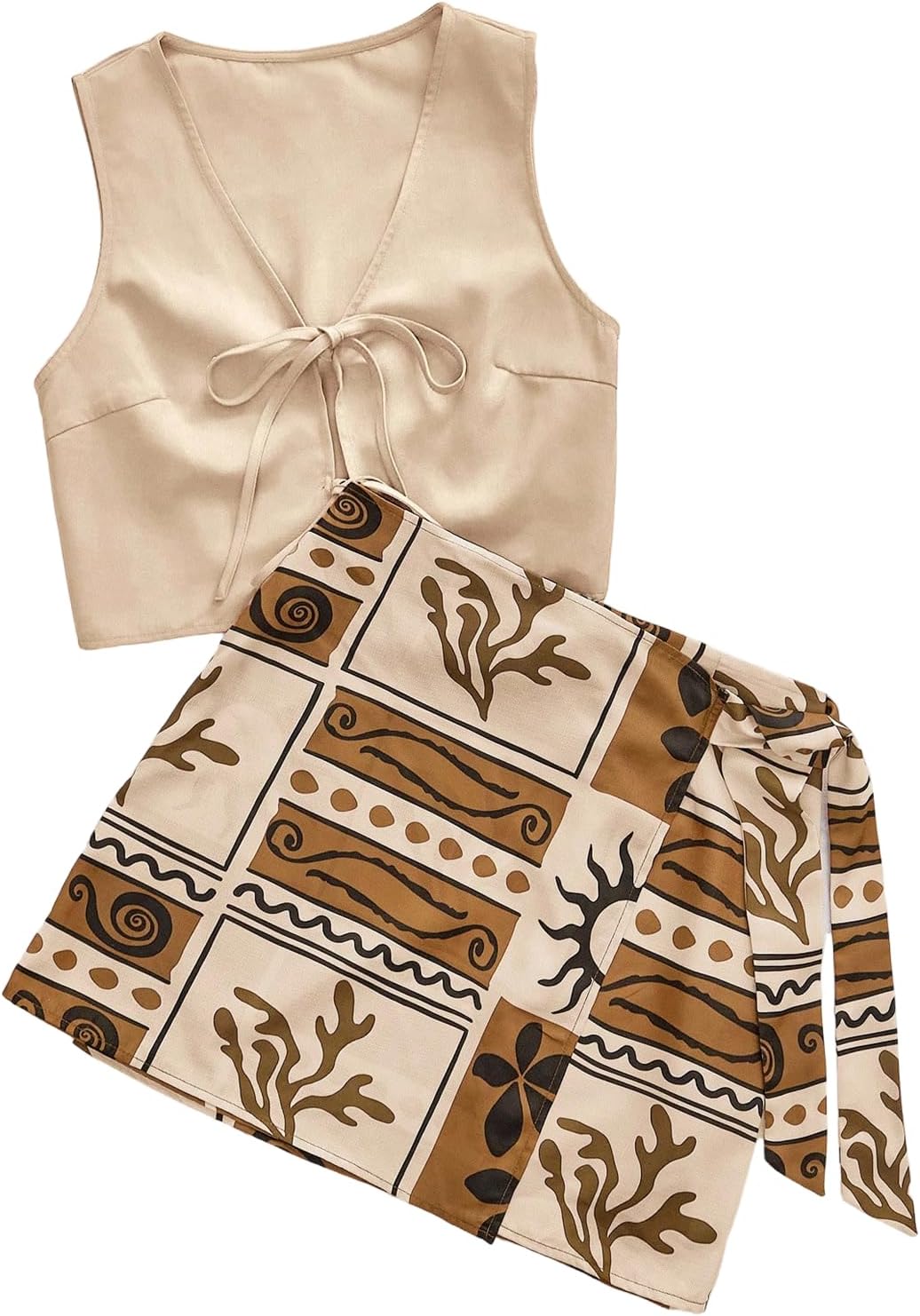 MakeMeChic Women's 2 Piece Boho Outfit Tie Front Sleeveless Vest Crop Tops and Wrap Skirt Set