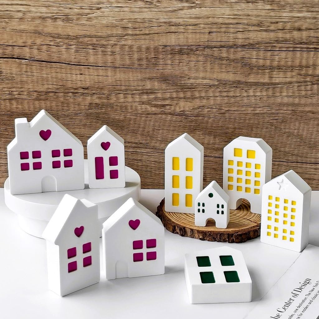 10 Cavity House Shaped Silicone Molds, European Style Houses Resin Molds for Epoxy, Plaster, Wax, Soap, DIY Cottage Candle Mold for Dollhouse Decor Craft Making Gifts