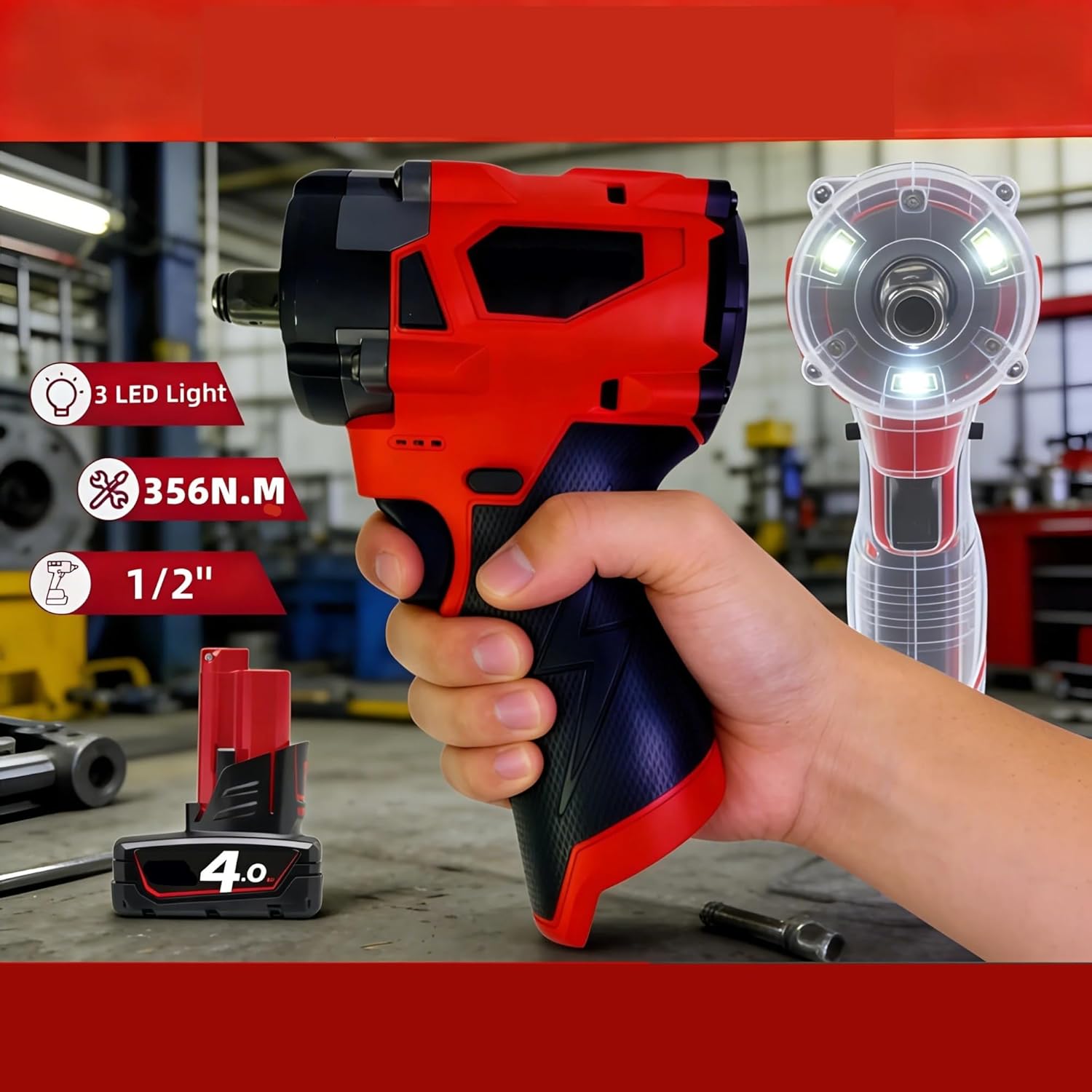 For M12 Screwdriver Brushless Impac Wrench 350N.m Electric Driver 1/2" Impact Drill Power Tools Car Truck Repair tool(1 Battery 1 Charger)