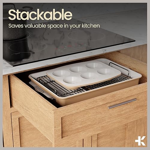 Vista 14 de Bakken - Juego de 8 utensilios apilables para hornear, revestimiento antiadherente de cerámica, bandejas para hornear, varios moldes para hornear