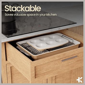 Bakken 8-Piece Stackable Bakeware Set Ceramic Non-Stick, Oven-Safe Baking Sheets & Pans, PTFE/PFOA/PFOS-Free, Ergonomic Handles, Includes Cooling Rack Healthy, Non-Toxic Baking Essentials