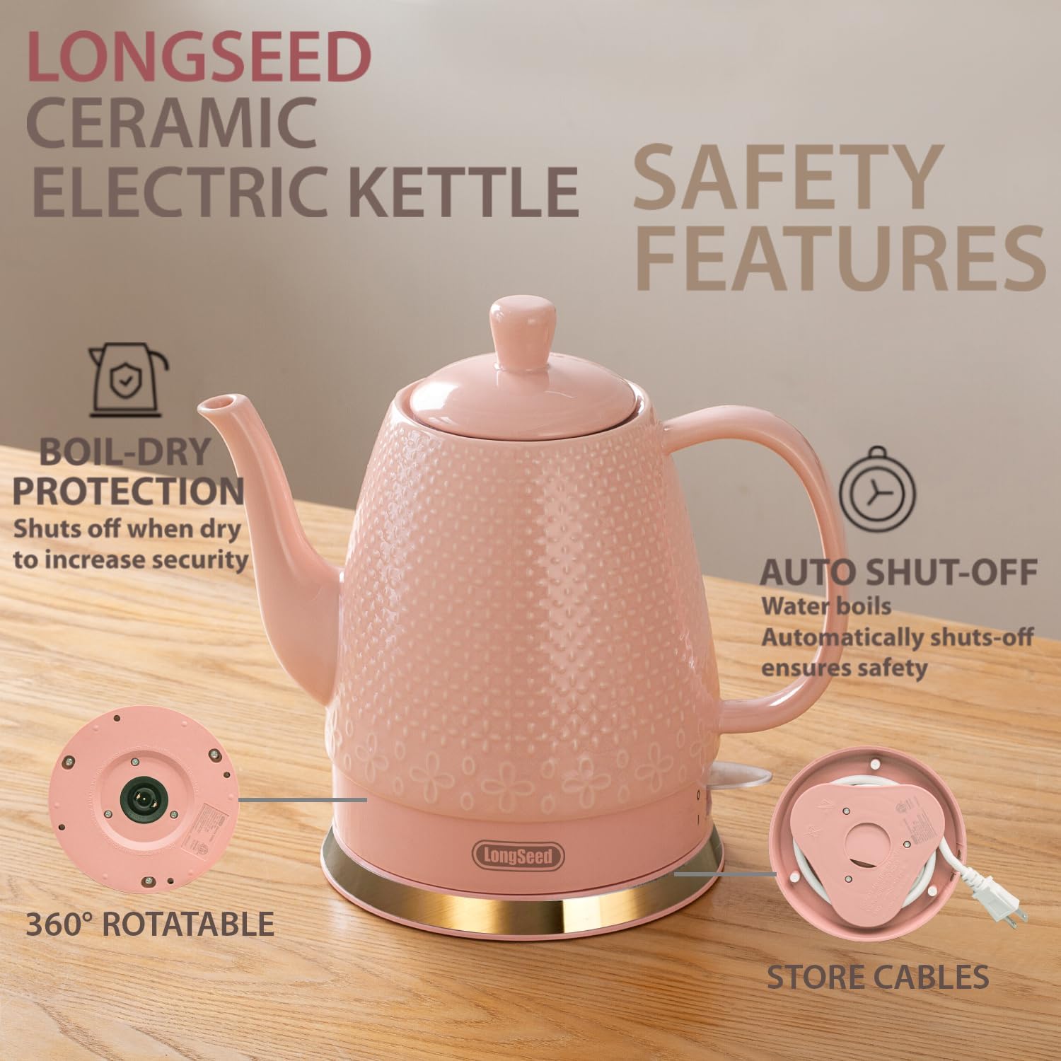 1.2 Liters Ceramic Electric Kettle Pot, Boil Water Quickly and Easily with Boil-Dry Protection, Auto Shut Off, Detachable Swivel Base, Graceful Gooseneck Teapot 1000W, Pink