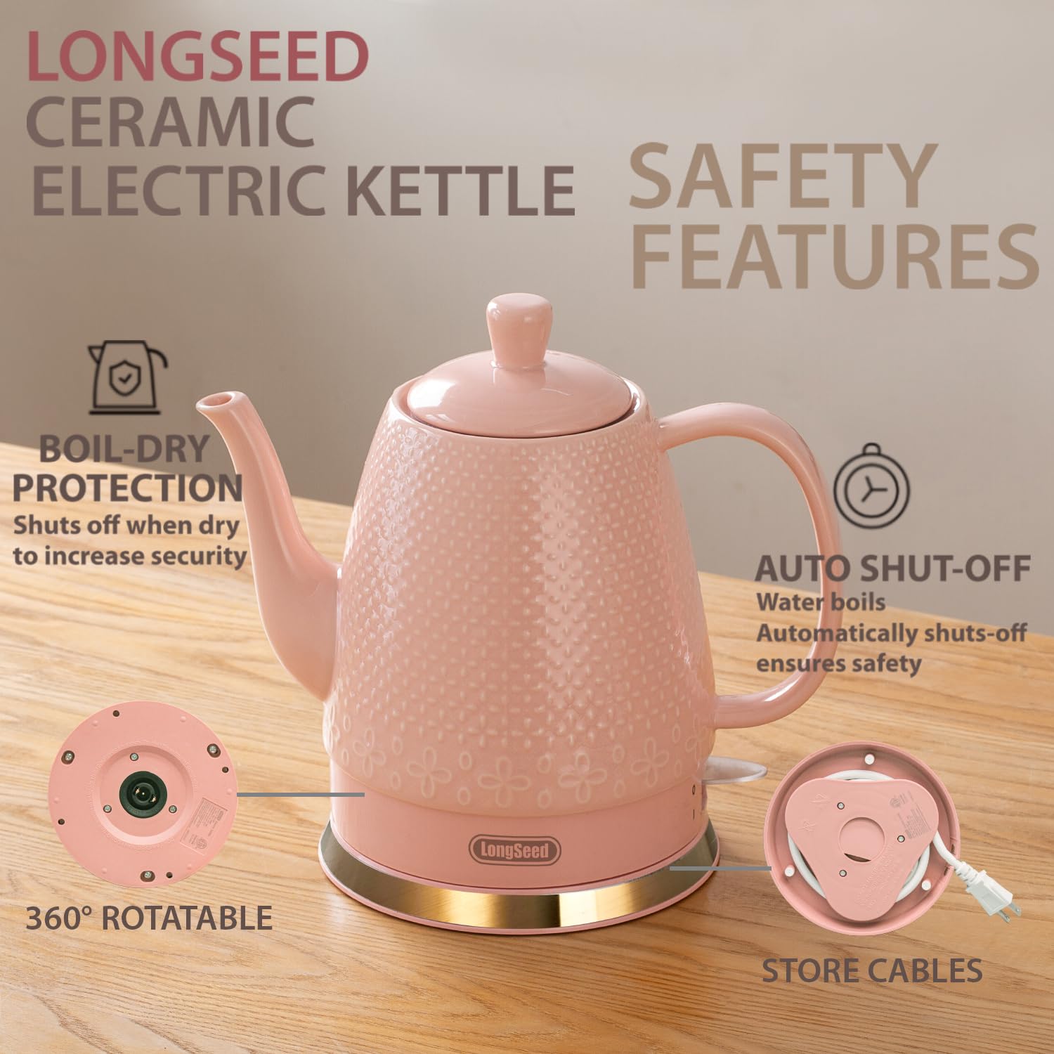 LONGSEED 1.2 Liters Ceramic Electric Kettle Pot, Boil Water Quickly and Easily with Boil-Dry Protection, Auto Shut Off, Detachable Swivel Base, Graceful Gooseneck Teapot 1000W, Pink