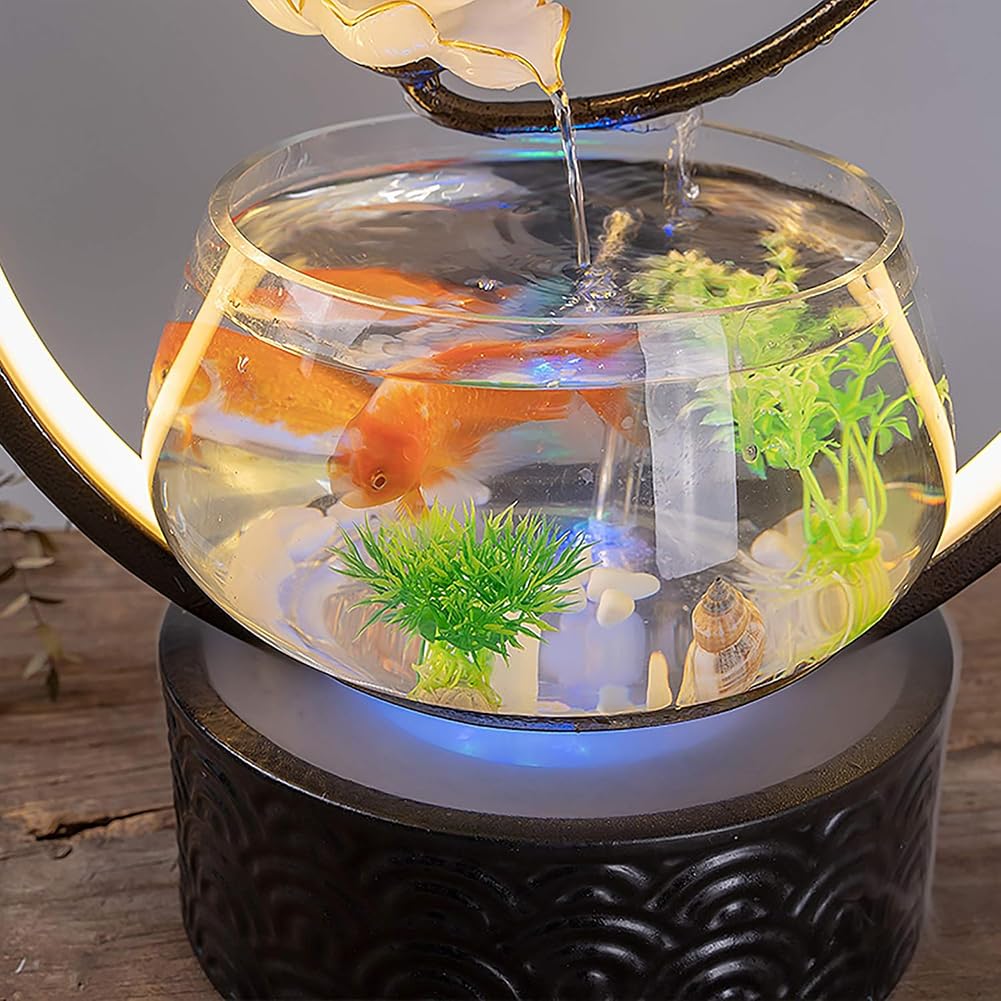 Innen-Desktop-Wasserspiel-Aquariumbrunnen, Aquarium Mit LED-Lichtring, Glasaquarium Mit Keramiksockel, Künstlicher Landschafts-Desktopbrunnen,C