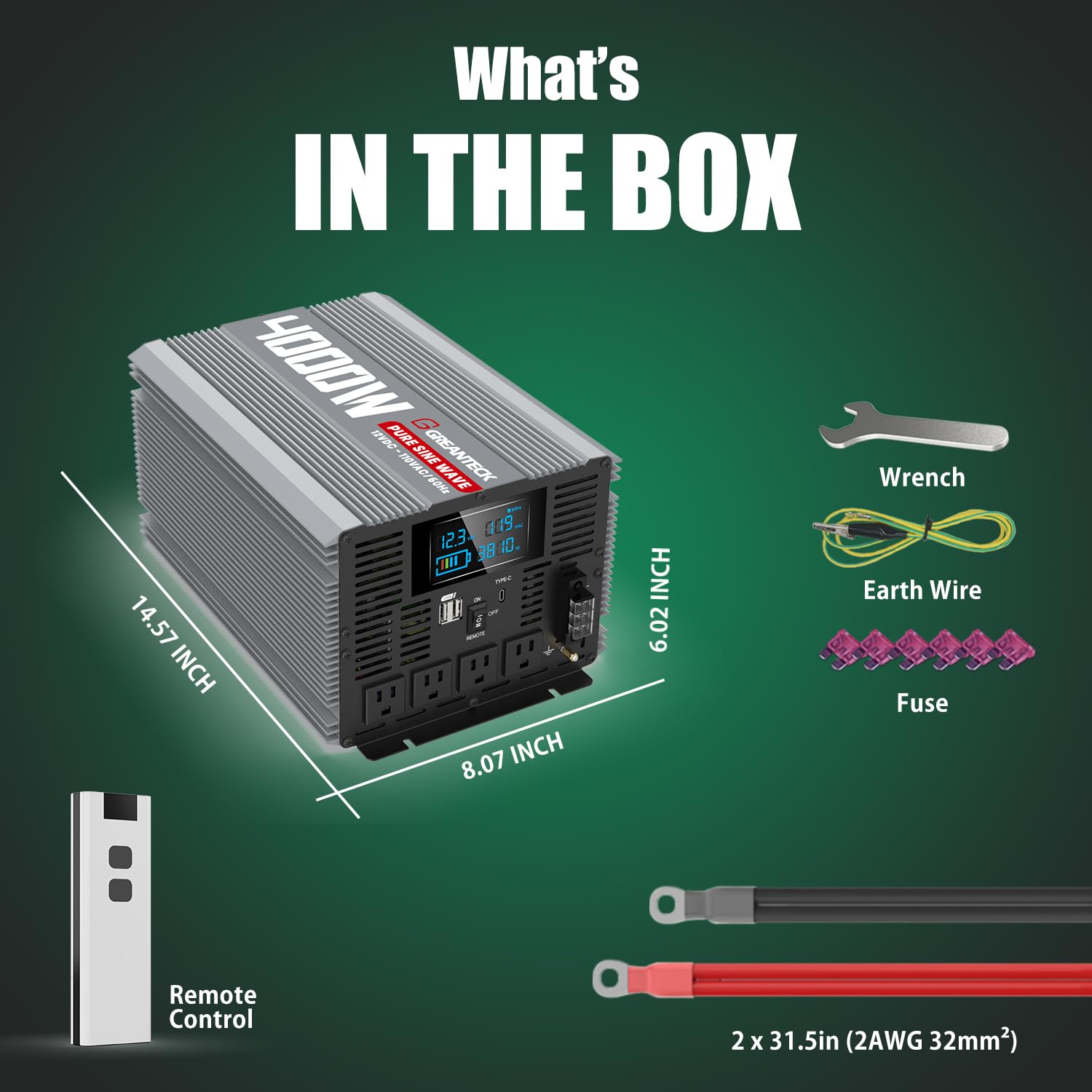 4000 Watt Pure Sine Wave Power Inverter 12V DC to 110 / 120V AC with 4 AC Sockets, Type-C Port, Dual USB Ports, AC Terminal Blocks, LCD Display, Remote Control for Home Solar System Emergency