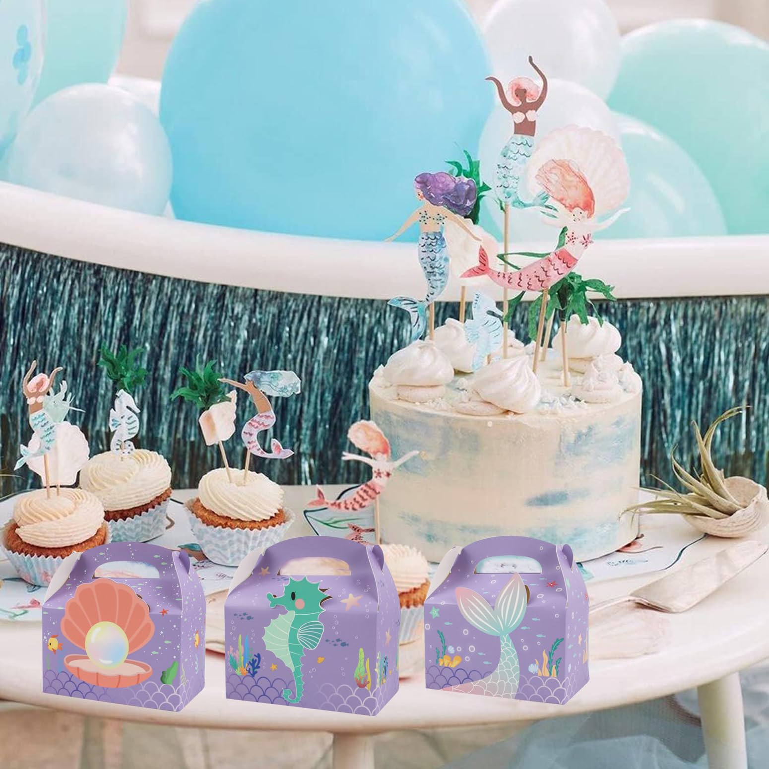 LAEYIAP 12Pcs Mermaid Party Favor Goodie Gift Boxes,Mermaid Party Goodie Bags,Handmade DIY Candy Box with Handle for Under the Sea Theme Birthday Party Decoration Supplies