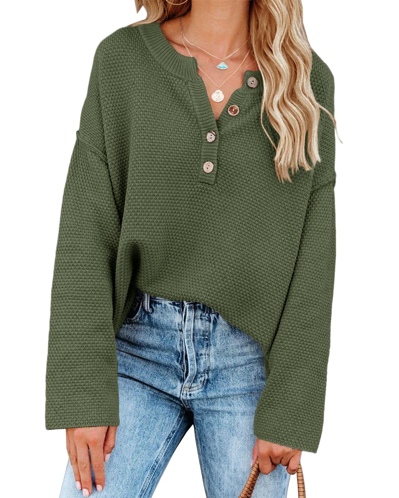 Saodimallsu Women's Oversized Sweaters Batwing Long Sleeve Loose V Neck Button Henley Tops Pullover Knit Jumper