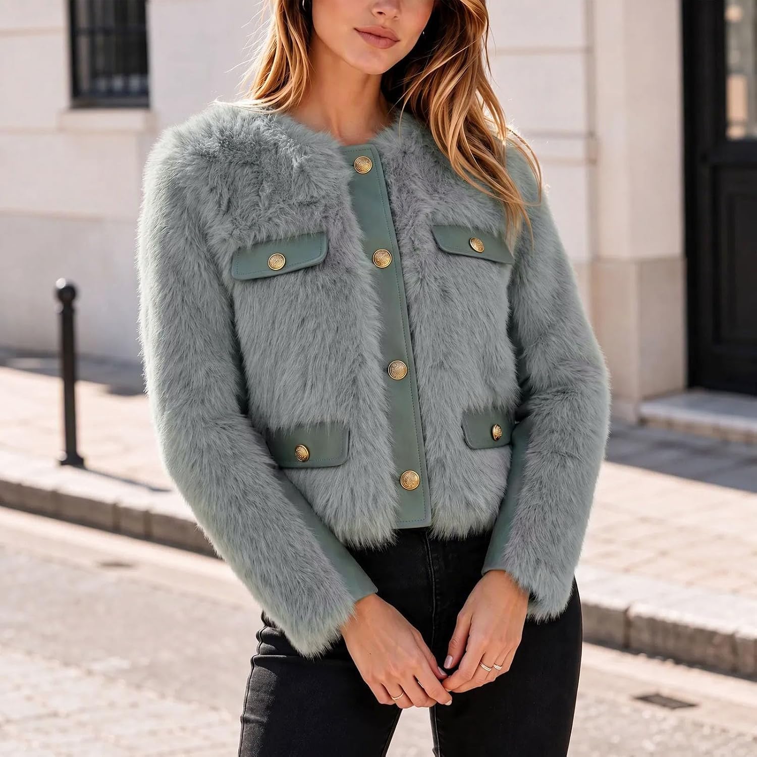 Women's Faux Fur Winter Jackets Button Down Short Coats Outerwear