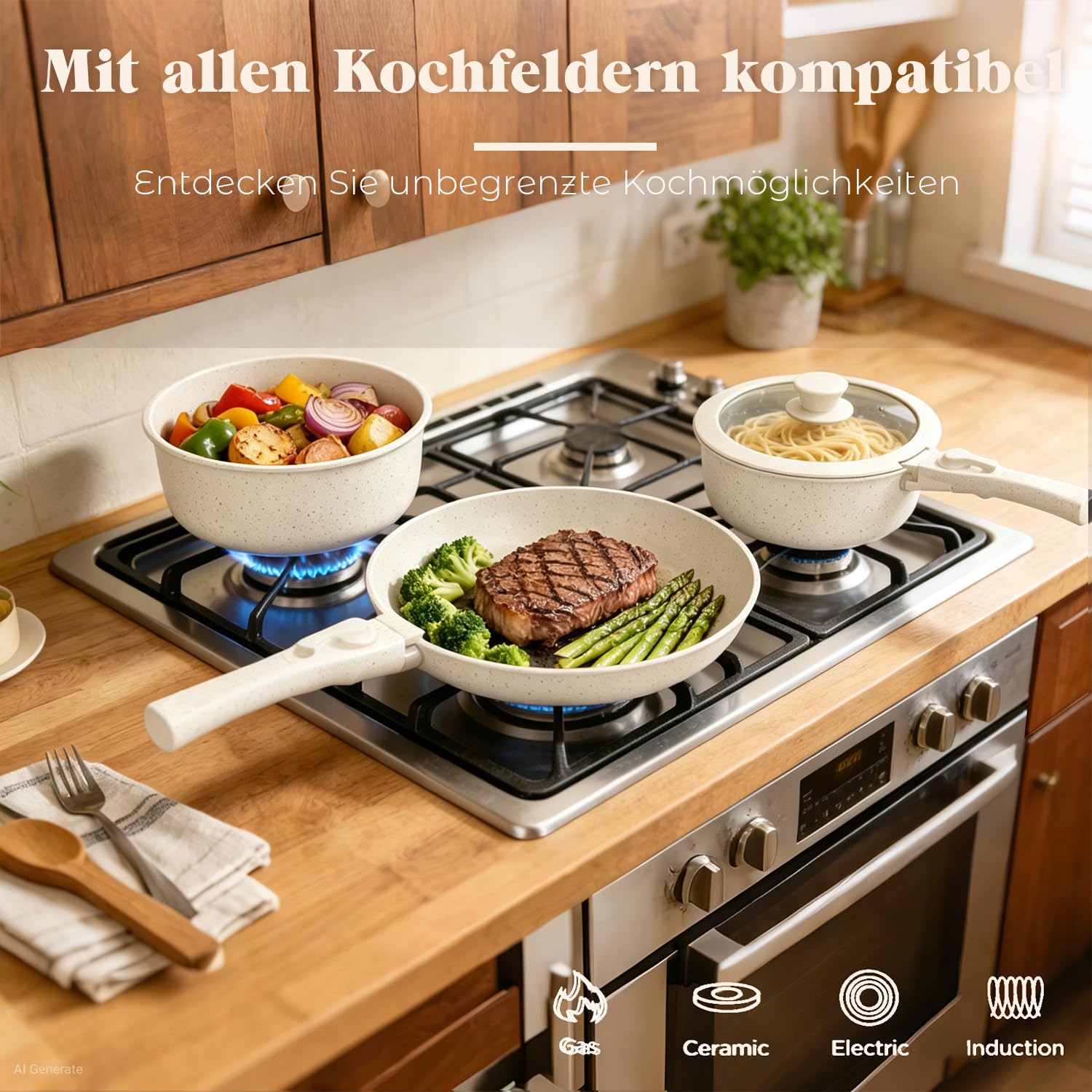 18-Teiliges Kochgeschirr Set mit Abnehmbaren Griffen, Granit Antihaft Topfsets Pfannenset, induktionsgeeignet & ofenfest, stapelbar Topfset für alle Herdarten, Ideal für Zuhause, Camping Sahne