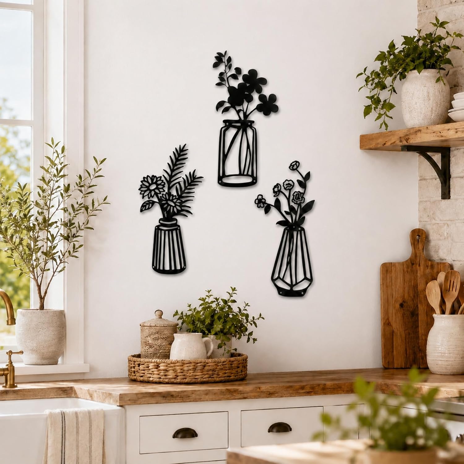 Qzmaikoo 3 Pieces Black Metal Flowers Wall Decor Vase Art Sculptures Hanging for Indoor Kitchen Bathroom Dining Room Patio, 14.56x7.48 Inches image 2