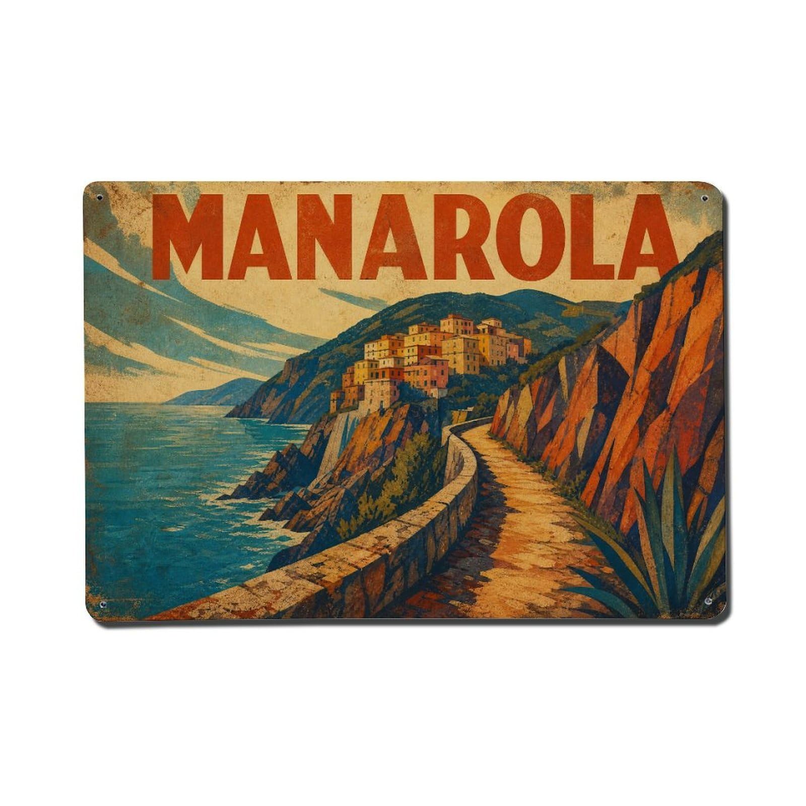 Vintage Travel Manarola Coastal Path Hiking Trail Italy Metal Tin Sign