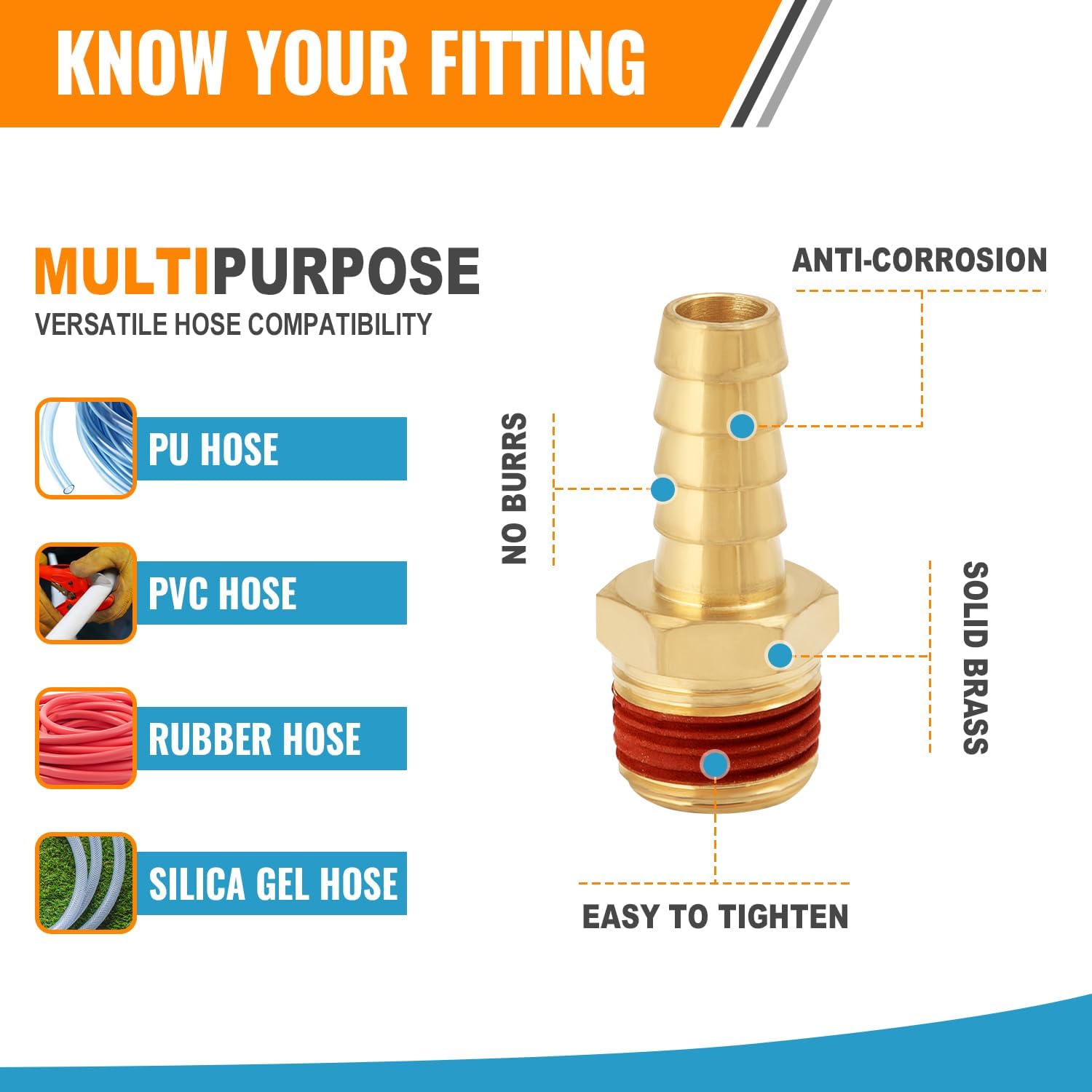 SUNGATOR 2-Pack 1/2'' Barbed Air Hose Fittings, Brass 1/2 Inch NPT Male Barbed Air Hose Repair Kit with Sealant, 1/2'' Barbed Gas Line Repair Brass Fittings with 2 Pcs Clamps