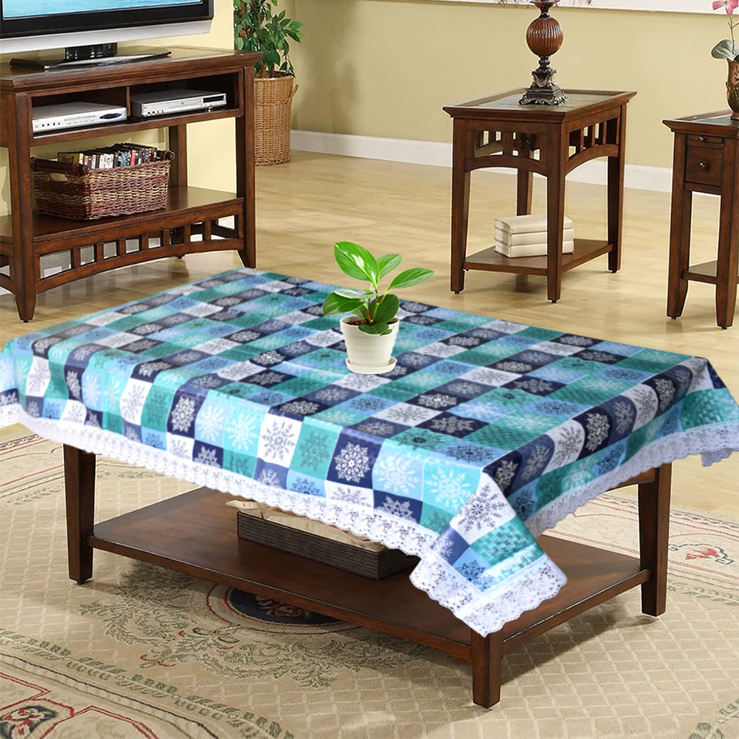 Kuber Industries Multicheck Printed PVC 4 Seater Center Table Cover, Protector with White Lace Border, 40"x60" (Multicolor)
